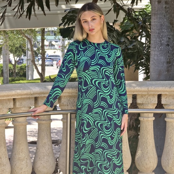 DEVORAH'S SECRET Modest Midi Dress Navy & Green Waves Print Regular&Plus Sizes - Picture 1 of 6